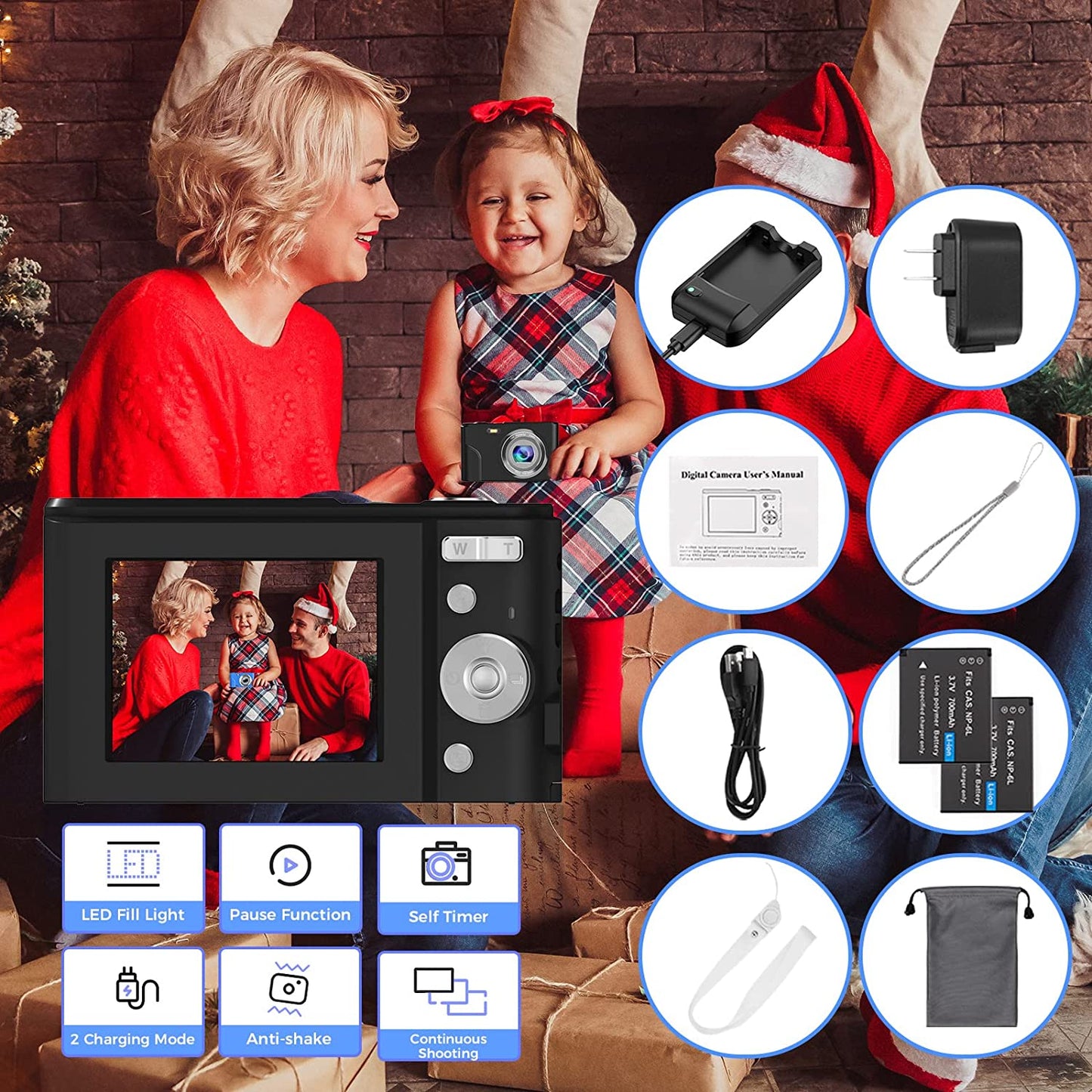 Digital Camera Autofocus FHD 1080P Vlogging Camera with 48MP resolution. It features a 16X Zoom, 2 Charging Modes, and is designed for Kids, Teens, and Students. Available in Black.