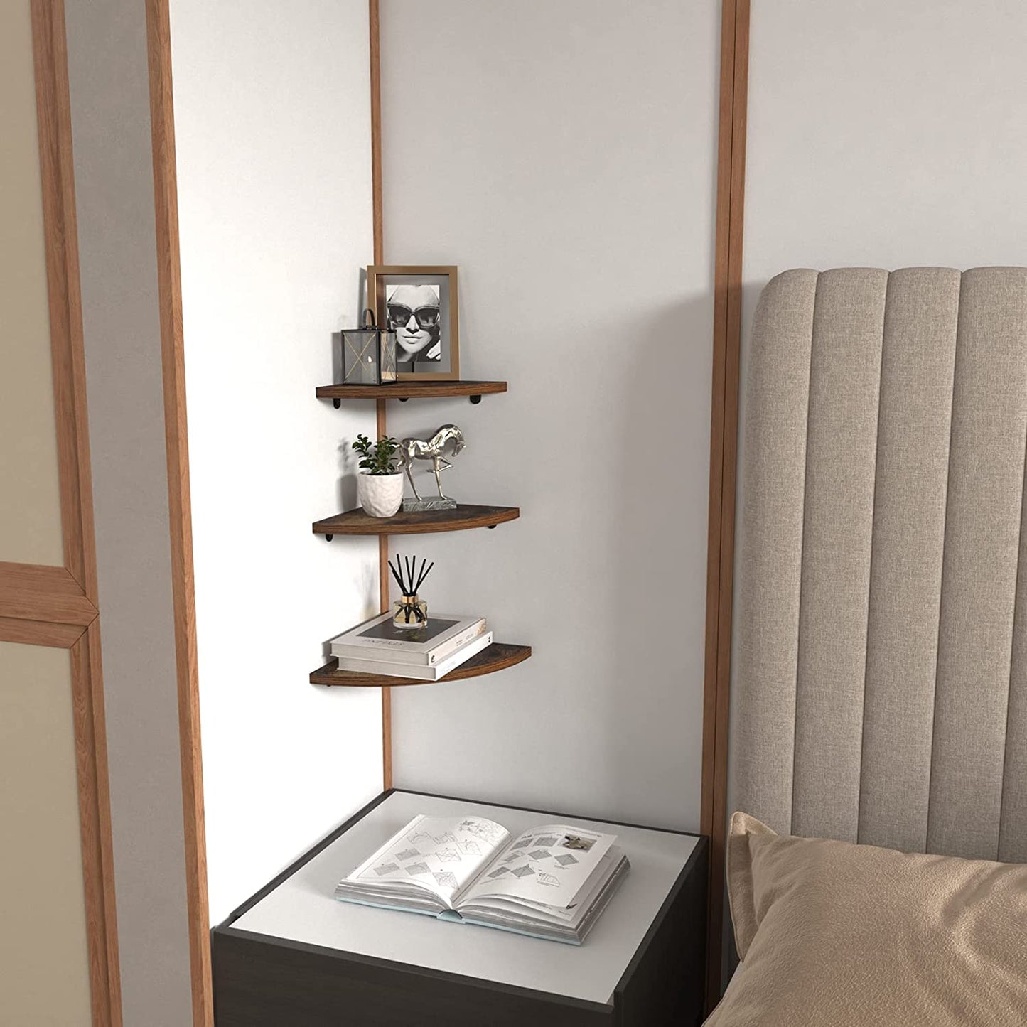 Set of 6 Floating Corner Shelves - Rustic Wood Design - Ideal for Bedroom, Living Room, Bathroom, and Kitchen - Adds Decorative and Functional Space to Corners.