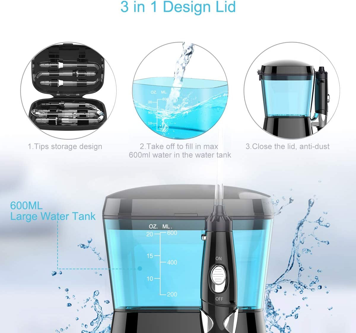 Dental Water Flosser - 600ML Electric Oral Irrigator with 10 Pressure Settings, Countertop Teeth Cleaning Device, 8 Replaceable Jet Tips - Suitable for Whole Families (Black)