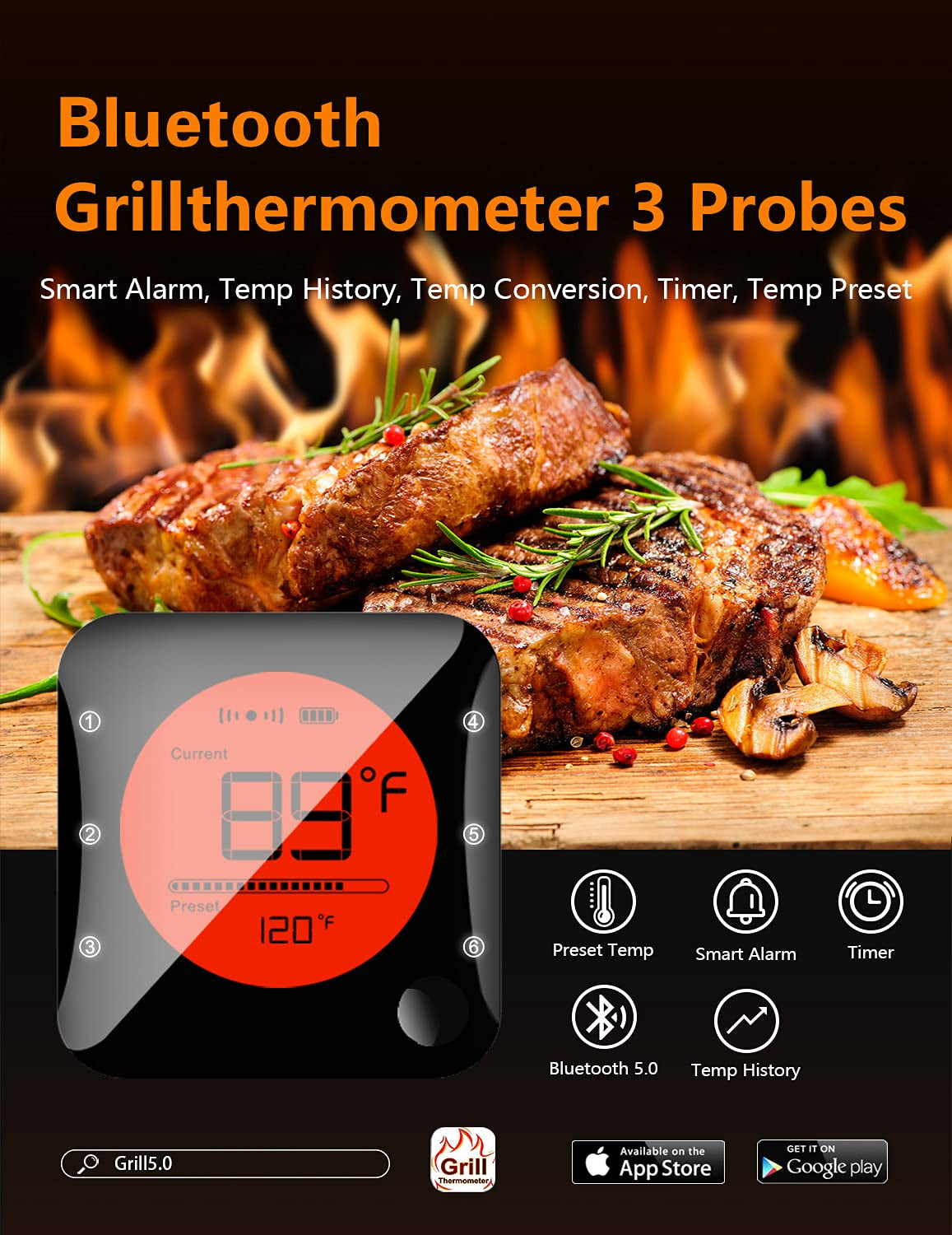 Wireless Bluetooth Digital Thermometer with 3 Probes - Remote BBQ Thermometer for Smoker, Kitchen, and Grill - Timer for Grilling, BBQ, Oven, and Candy