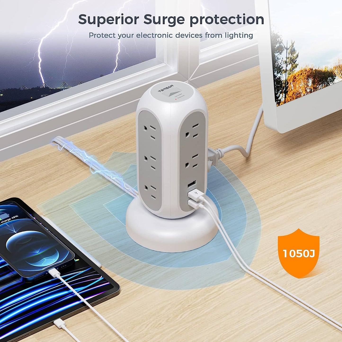 Retractable Flat Plug Power Bar Tower with 11 Outlets, 3 USB Ports, and Surge Protection - 5 Feet Indoor Flat Extension Cord for Home Office, Desk Accessories, and Dorm Essentials