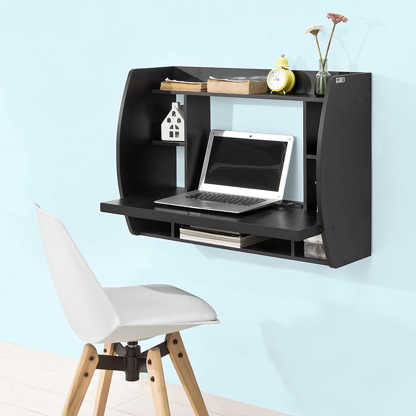 Home Office Workstation Wall-Mounted Table Desk with Storage Shelves and Drawers - Black