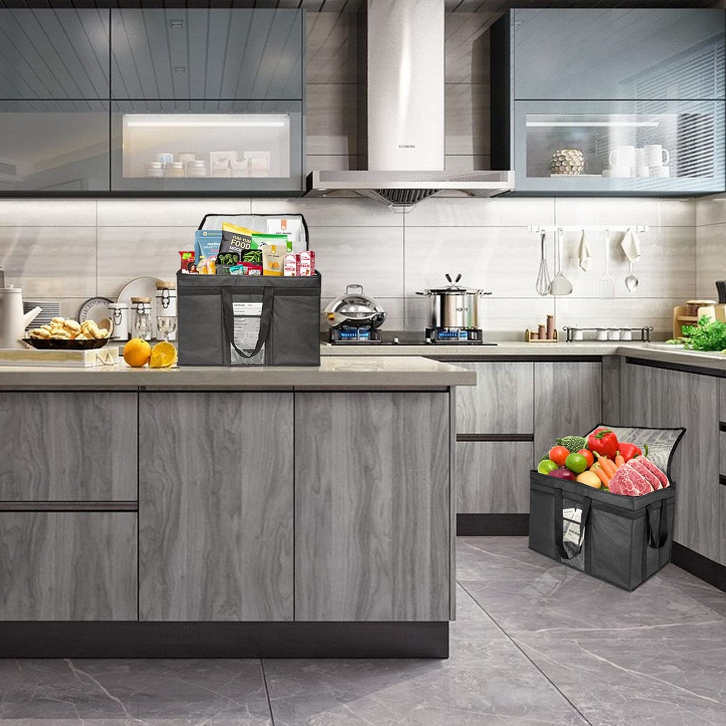 Extra-Large Insulated Cooler Bag - 23" W x 15" H x 14" D. Reusable Double Zipper Bag for Food Delivery, Restaurant, Instacart, and Food Transport. Keeps Food Hot or Cold. Available in Black.