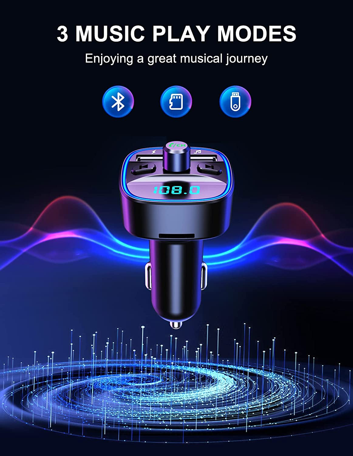 Bluetooth 5.0 FM Transmitter with Ambient Light, Dual USB Ports, Hands-Free Calling, and SD Card/USB U-Disk Support