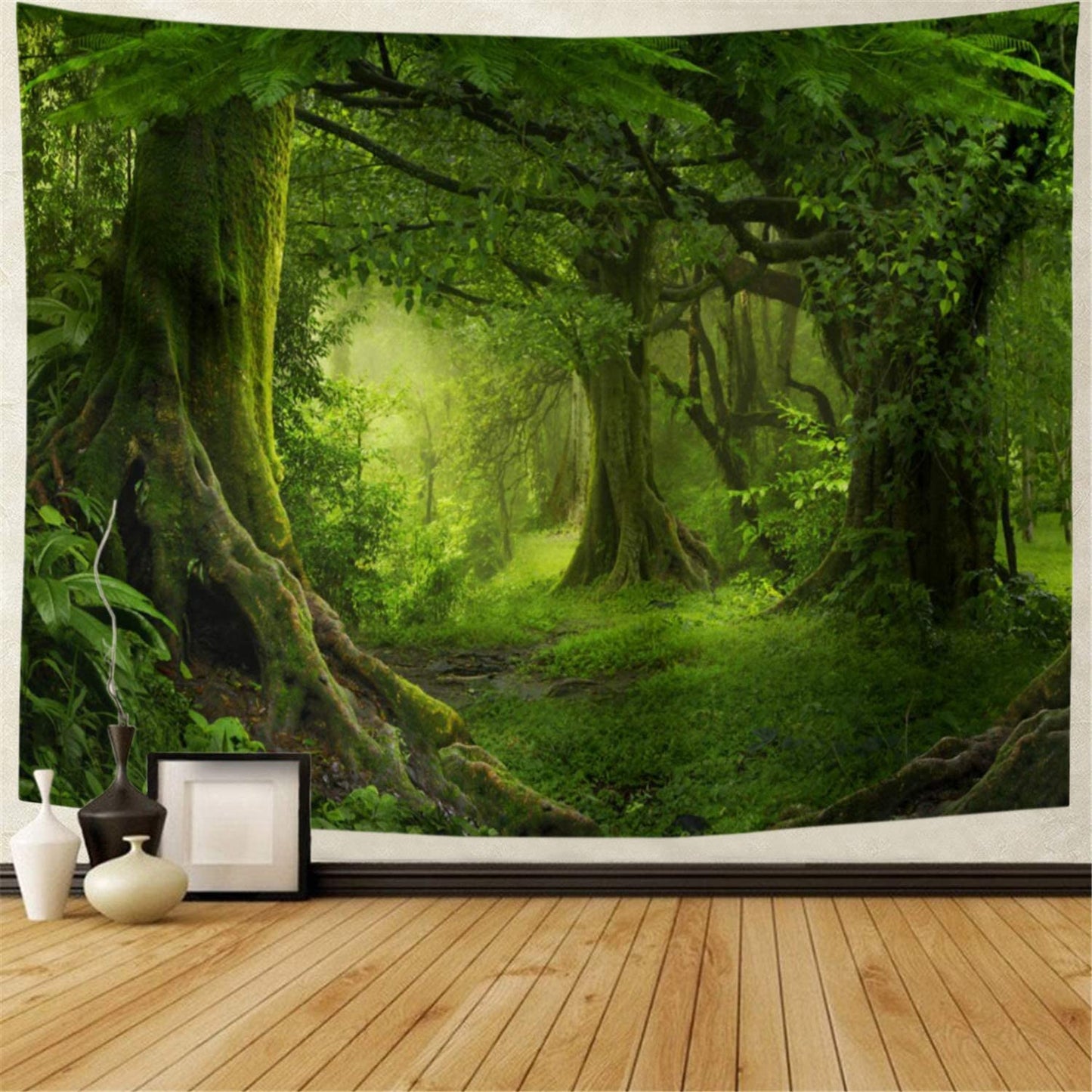 Virgin Forest Tapestry - Features Green Trees in Misty Forest - Nature Scenery Wall Hanging - Perfect for Living Room and Bedroom Decor.