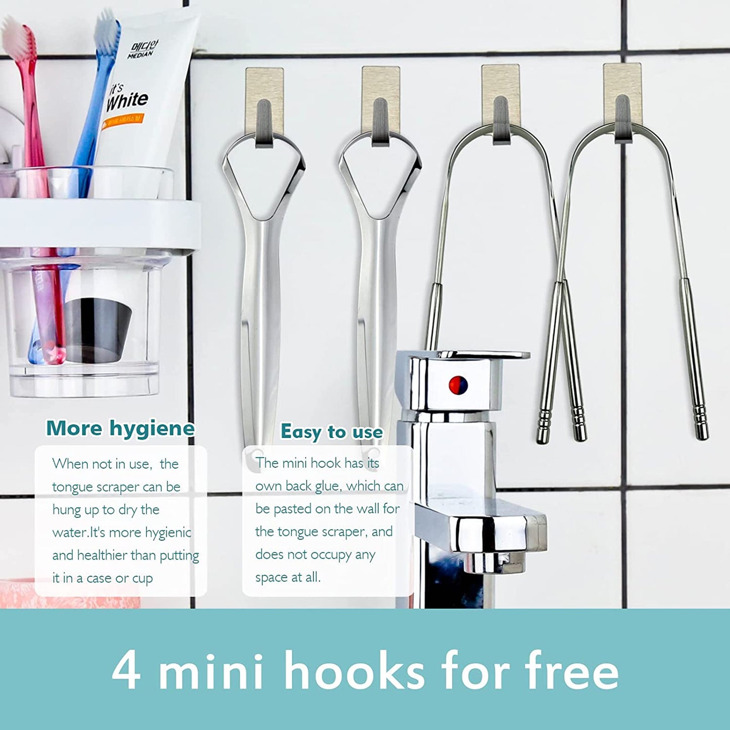 Medical Grade Stainless Steel Tongue Scraper (4 Pack) - Tongue Cleaner with Mini Hooks for Adults and Kids - Promotes Oral Health and Reduces Bad Breath