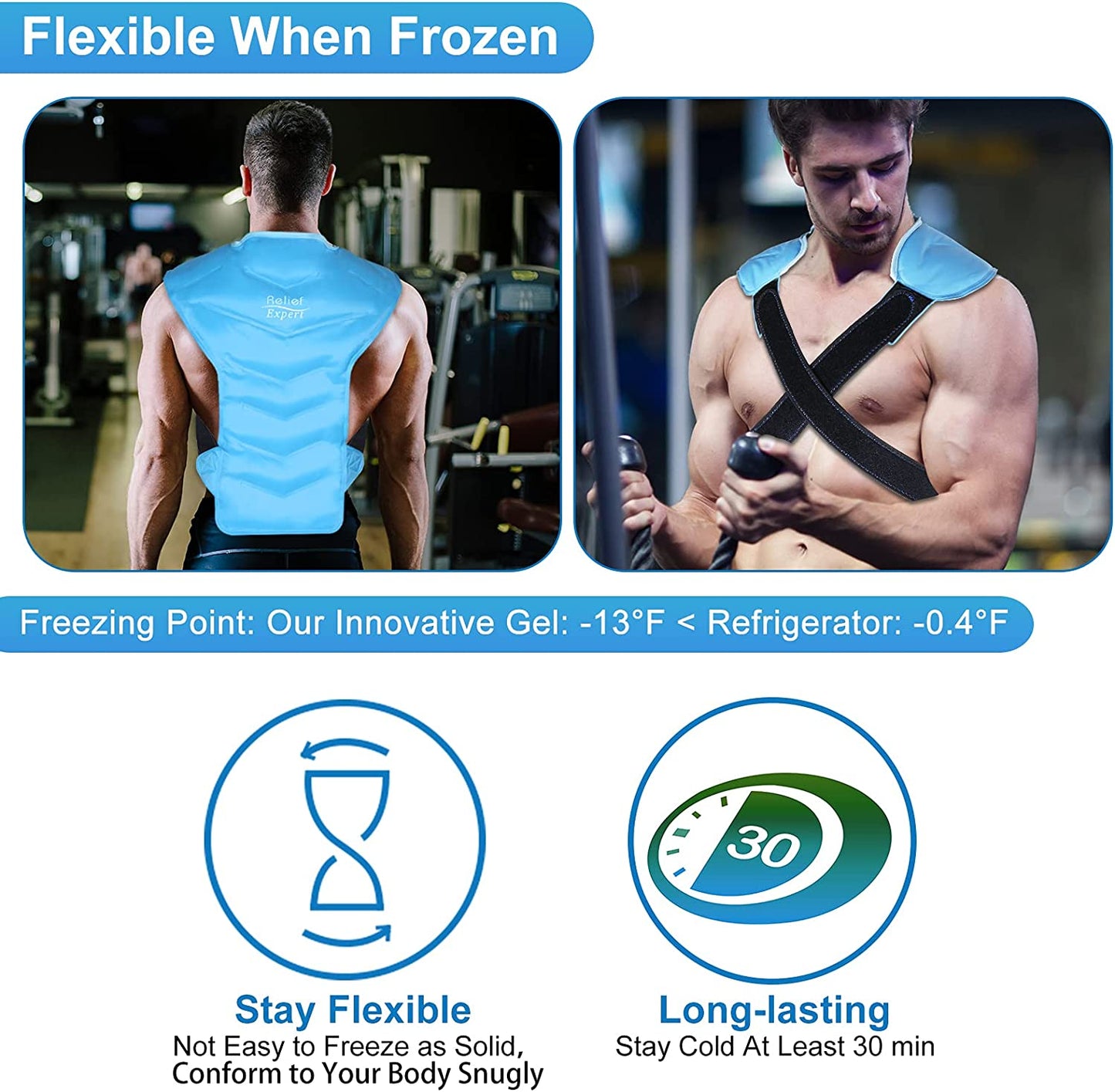Full Back and Shoulder Ice Pack Wrap with Straps - Cold Therapy for Rotator Cuff Injuries, Reusable Gel Packs for Effective Cold Compression and Pain Relief in the Entire Back and Shoulders - Enhanced with Soft Plush Lining