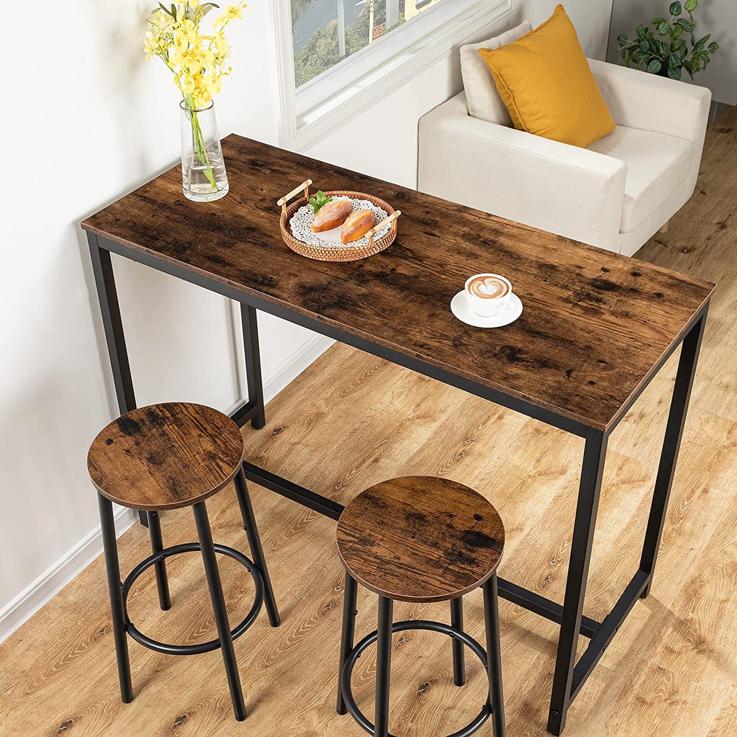 Set of 2 Industrial Bar Stools: Round Bar Chairs with Footrest, Black Steel Frame, Adjustable Feet, Ideal for Living Room, Dining Room, Kitchen - Rustic Brown with an Industrial Design