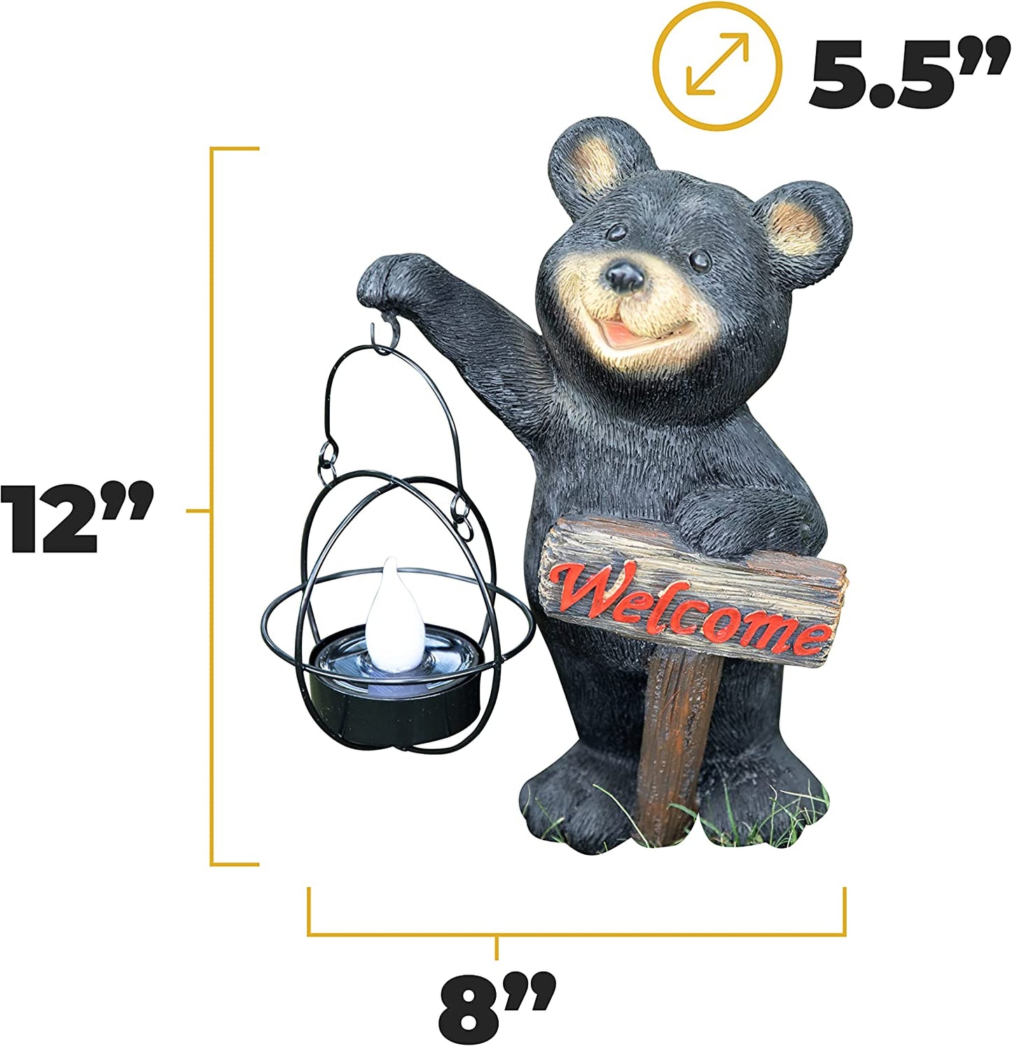 Solar Powered LED Bear Welcome Sign - Outdoor Garden Statue Decor featuring Bear Figurines with Garden Light; Adds a Whimsical Touch to Front Yards, Patios, Yards, Lawns, and Outside Houses.