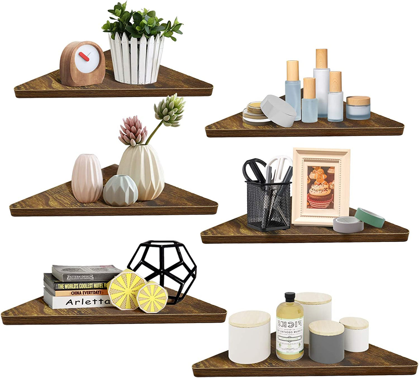 Pack of 6 Rustic Wood Corner Wall Shelves - Designed for Home, Kitchen, Bedroom, Living Room, Office, and Nursery - Adds Functional and Decorative Storage.