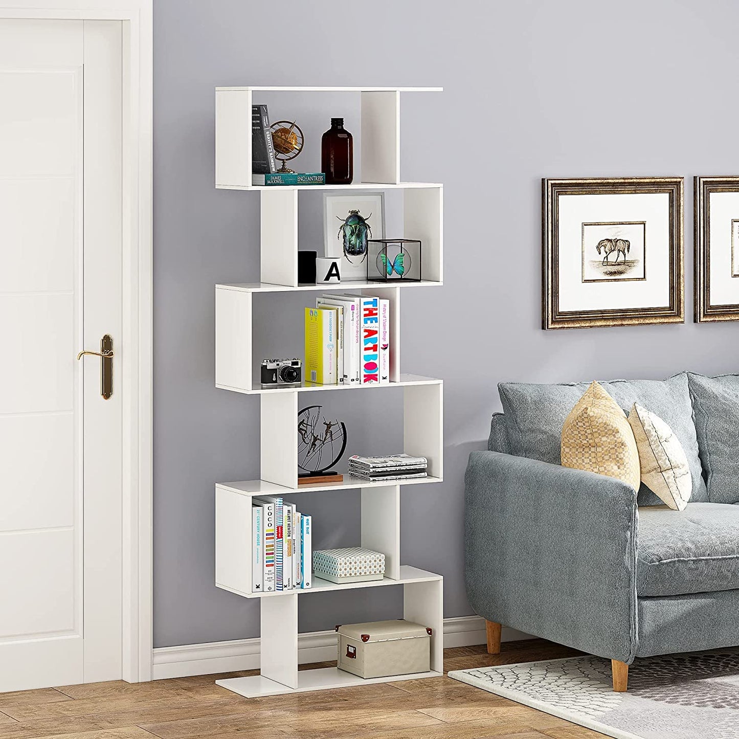 6-Tier Wooden S-Shaped Bookshelf in White - Ideal for Living Room, Bedroom, and Study Room Display.