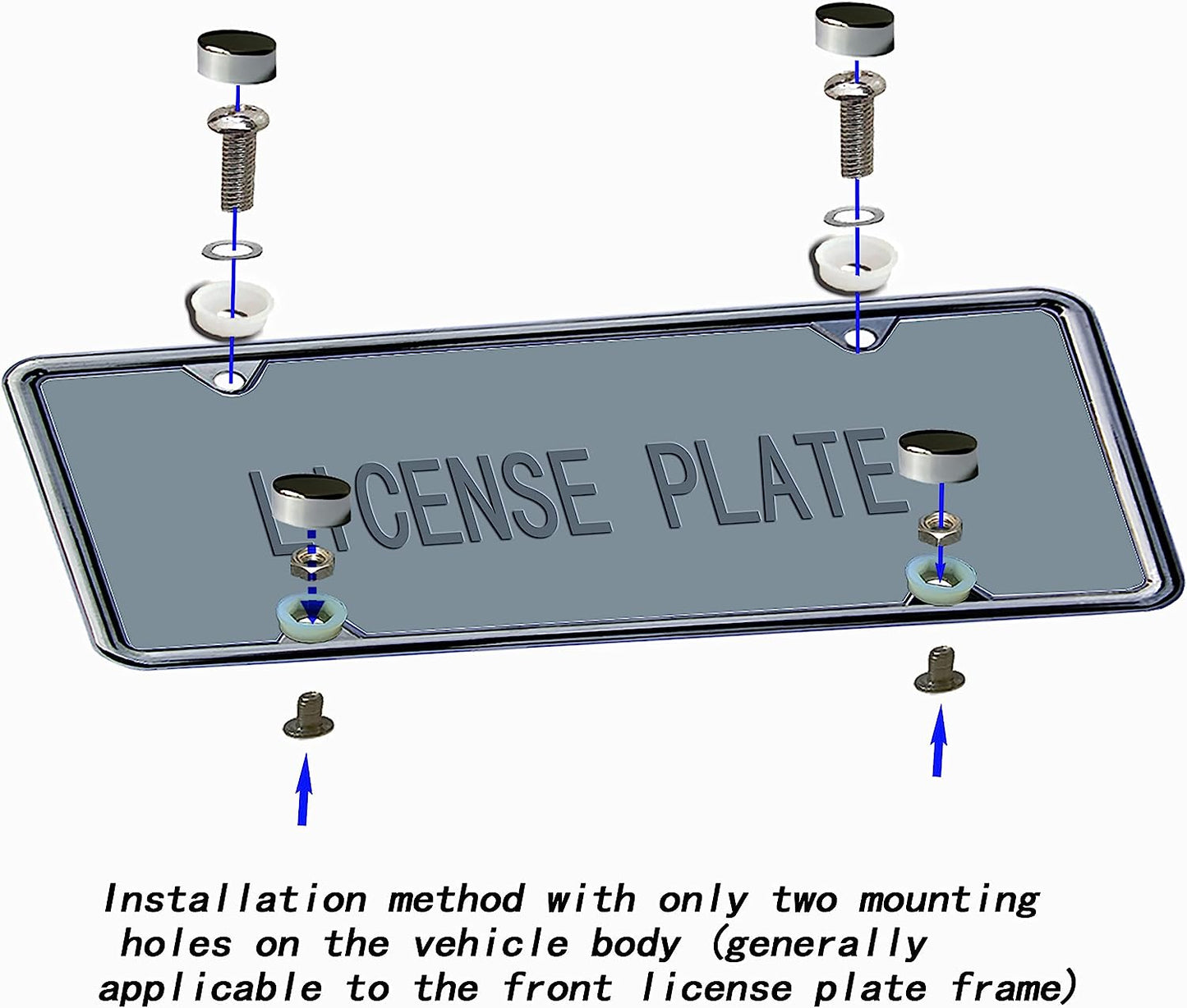 Chromium-Plated License Plate Frame - Made from Zinc Alloy to Prevent Rust, Comes with Stainless Steel Screws and Plastic Caps; 1 Package, Chrome Finish.