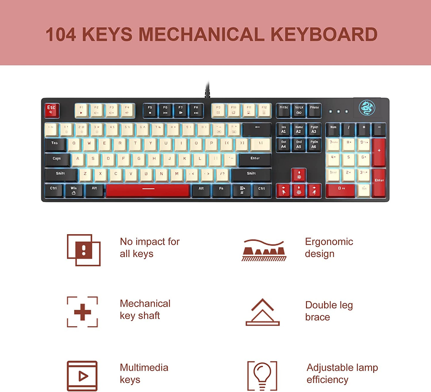 Mk-Armor Mechanical Gaming Keyboard - LED Rainbow Backlit, Wired USB Keyboard with 104 Keys and Red Switches. Designed for Windows PC Laptop Gaming Black&White