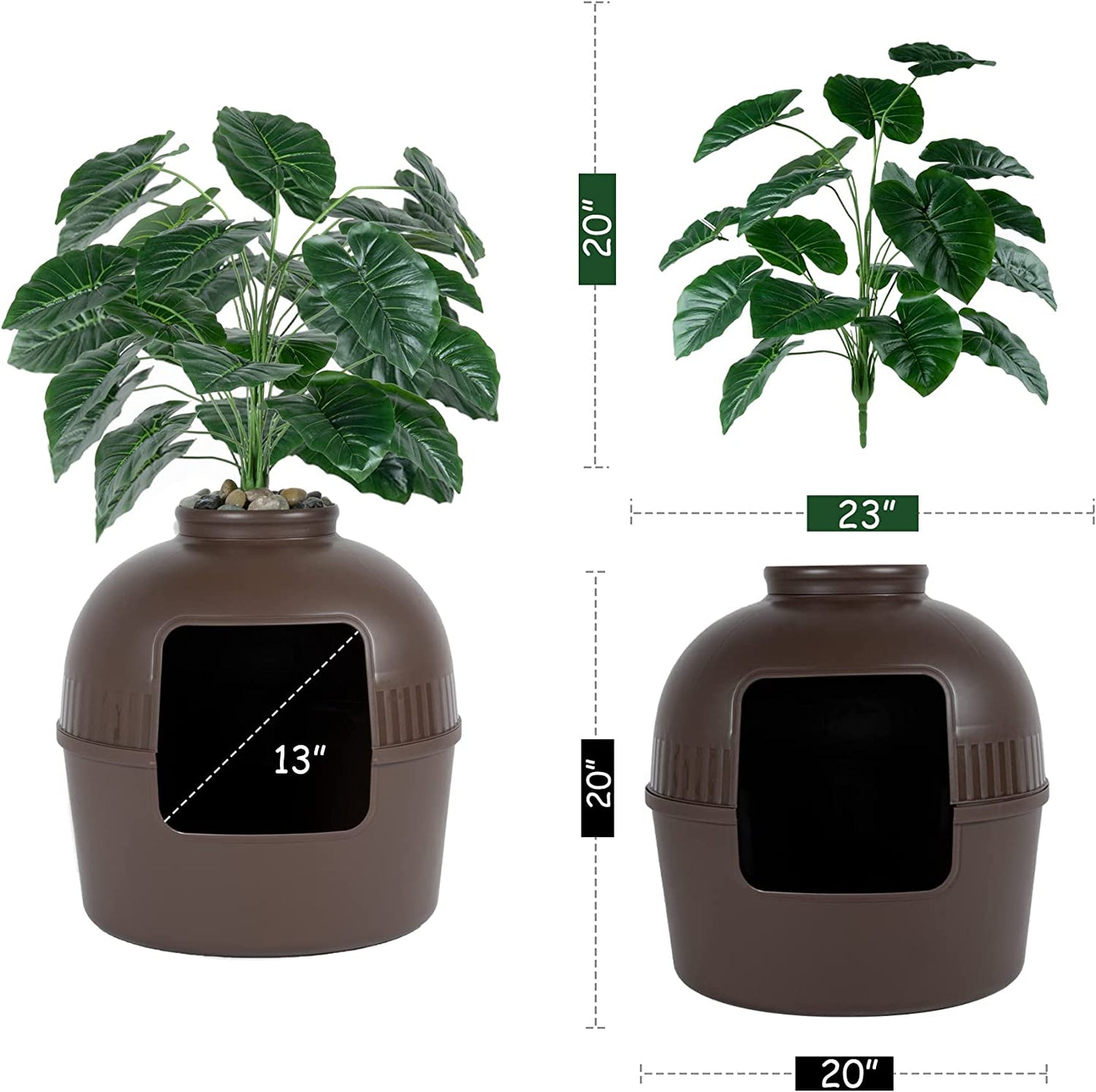 Enclosed Litter Box Enclosure, Plant Pot Design, Includes Faux Plant and Real Stones