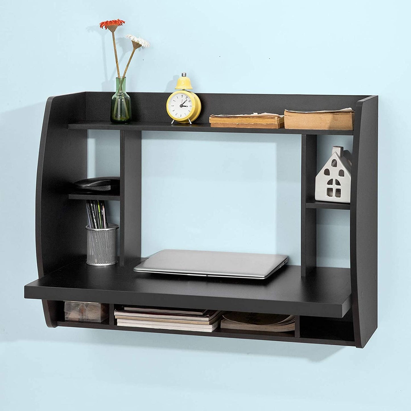 Home Office Workstation Wall-Mounted Table Desk with Storage Shelves and Drawers - Black