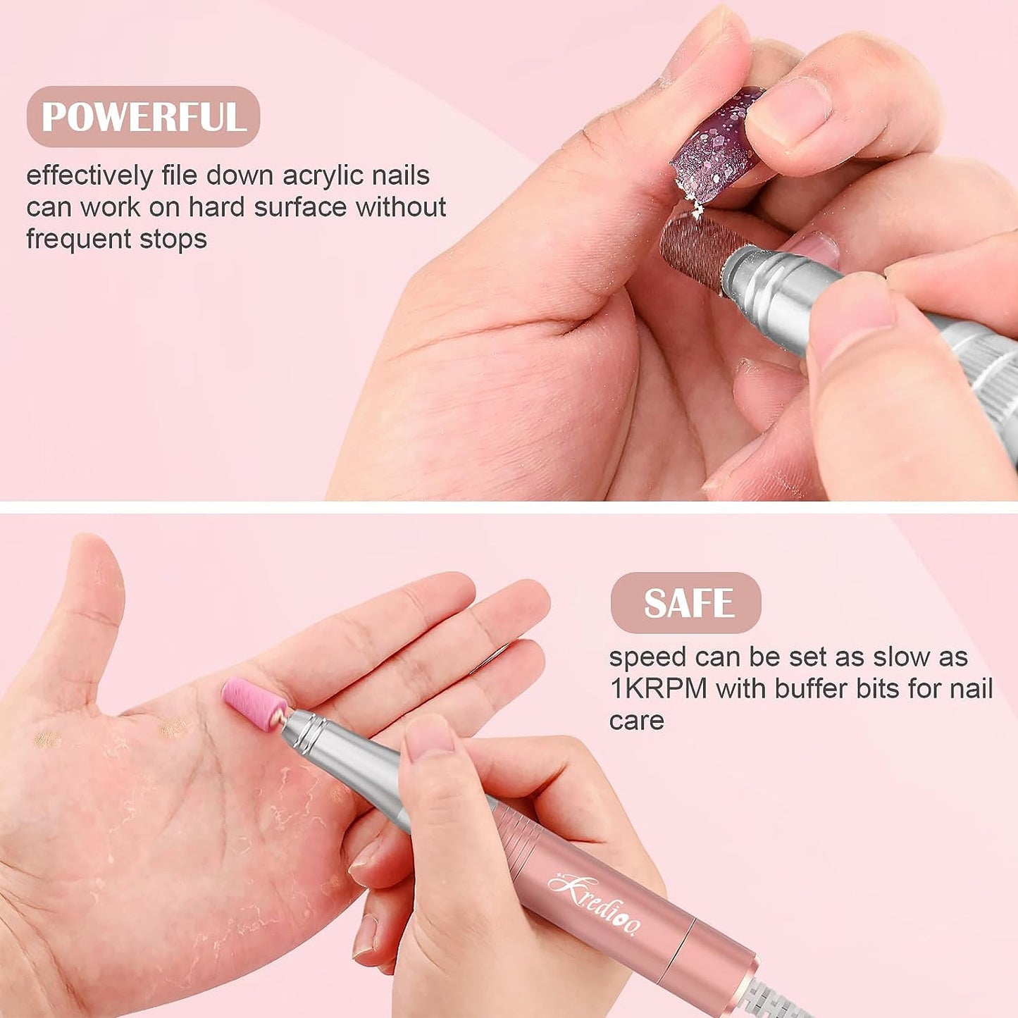 Portable Electric Nail Drill Machine: A Rechargeable, Professional Nail E File Drill with 35000 RPM. Ideal for Acrylic and Gel Nails, Polish Removal, and Nail Shaping. Includes 10 Bits and Sanding Bands, and it comes in a stylish Rose Gold color.