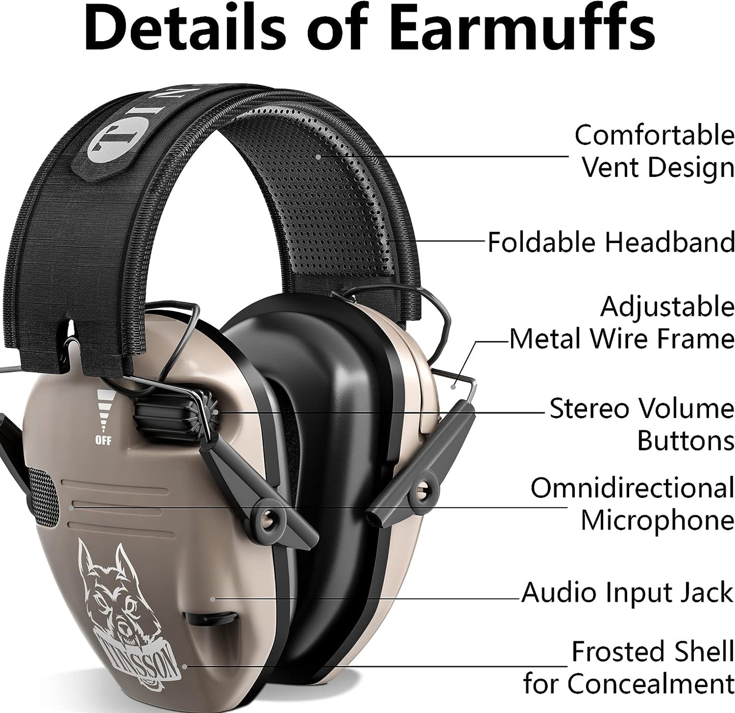 Electronic Noise Cancelling: NRR 23dB Earmuffs for Shooting and Hunting, Equipped with 3.5mm Audio Jack for Gun Range Use in FDE Color