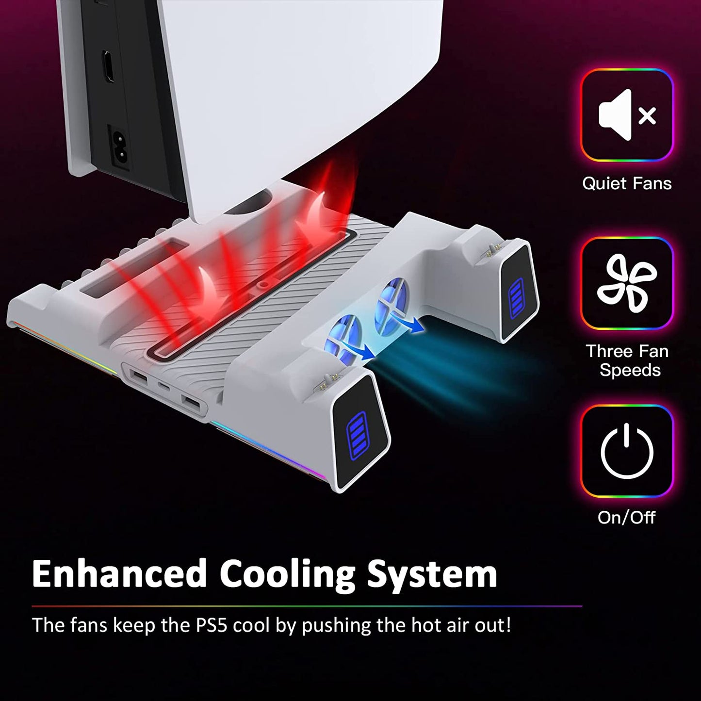 PS5 Silent Cooling Stand with RGB LED Light, Dual Charging Station for Dualsense Edge Controller, Hard Drive Slot, Holders for Headset and Remote, and 10 Game Slots - White