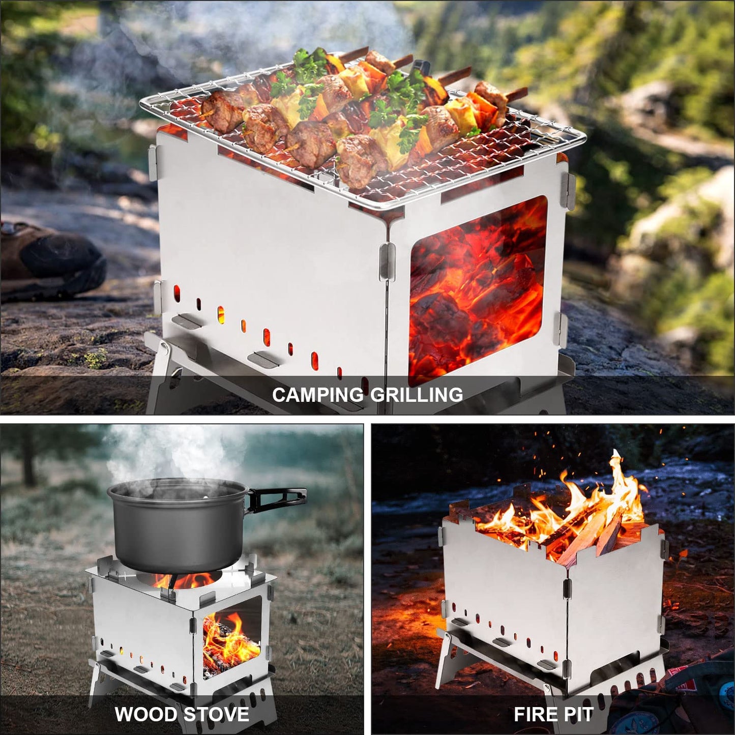 Portable Camping Campfire Grill Pit Stove, Foldable Stainless Steel Camping Backpacking Wood Stove with Grill Gate and Carrying Bag for Outdoor Cooking