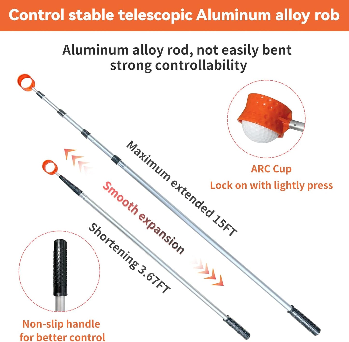Telescopic Golf Ball Retriever - Portable Stainless/Aluminum Alloy Tool for Water, with Putter Attachment - Available in 7/9/12/15Ft Lengths