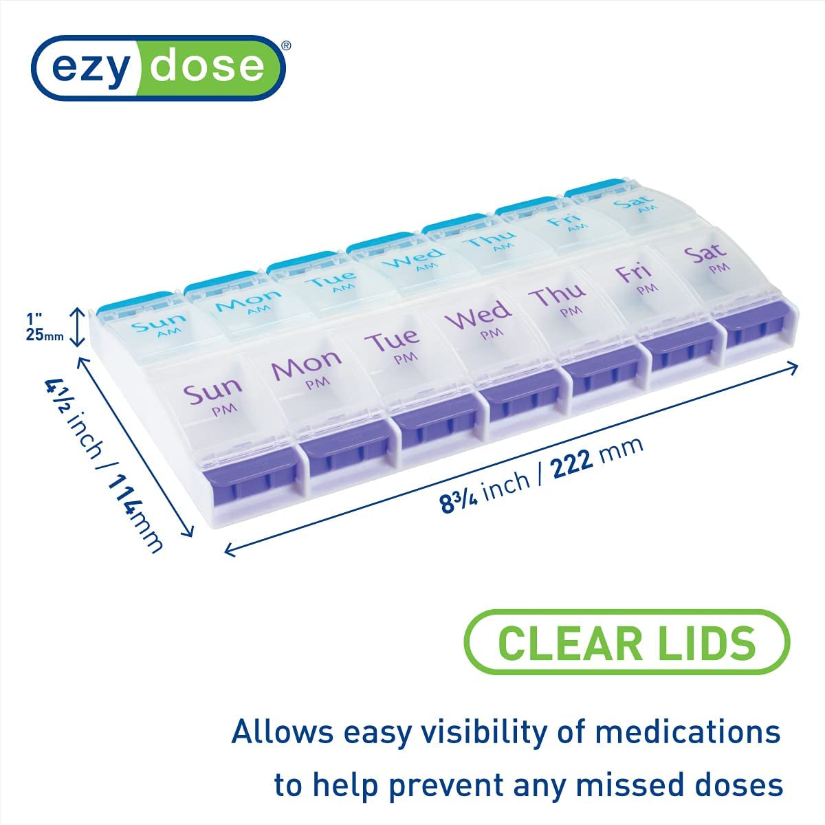Push Button (7-Day) Pill Case - Organizes Medicine and Vitamins - 2 Times a Day AM/PM Slots - Large Compartments - Designed for Arthritis-Friendly Use - Features Clear Lids in Purple/Blue Color.