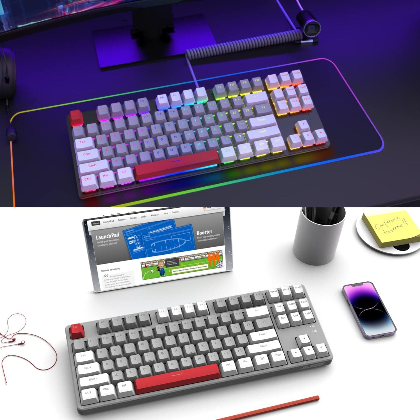 AK873 Wired 87 Key TKL Mechanical Gaming Keyboard - Rainbow Backlit, Hot-Swap Linear Red Switch, NKRO, Gasket, Custom Coiled Aviator USB-C to USB-A Cable. Designed for Win, PC, Mac, PS4, Switch, Xbox Gamers White Grey