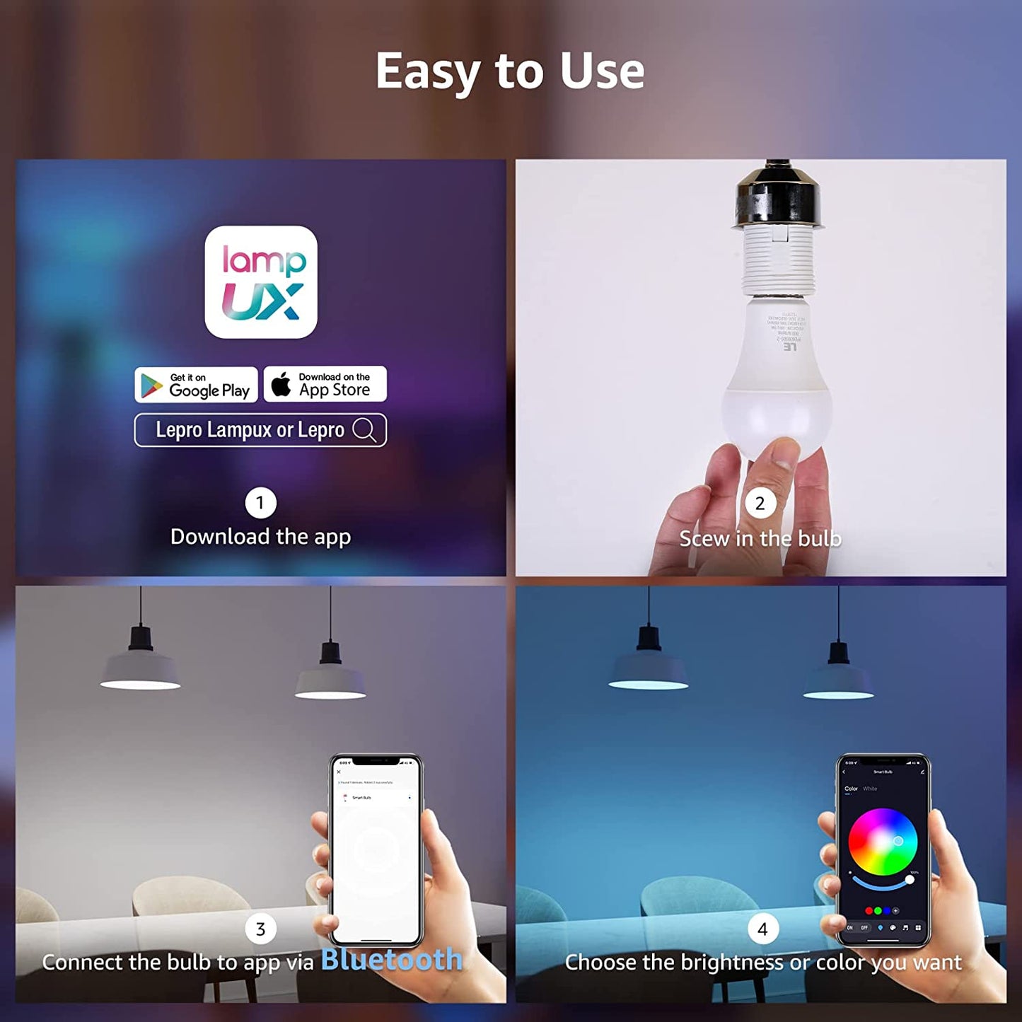 Smart Light Bulbs: Bluetooth Color Changing Bulbs, Dimmable via App (Bluetooth, not WiFi), Equivalent to 60 Watts, A19 E26 RGB Bulb for Bedroom, Home, Party, and More.