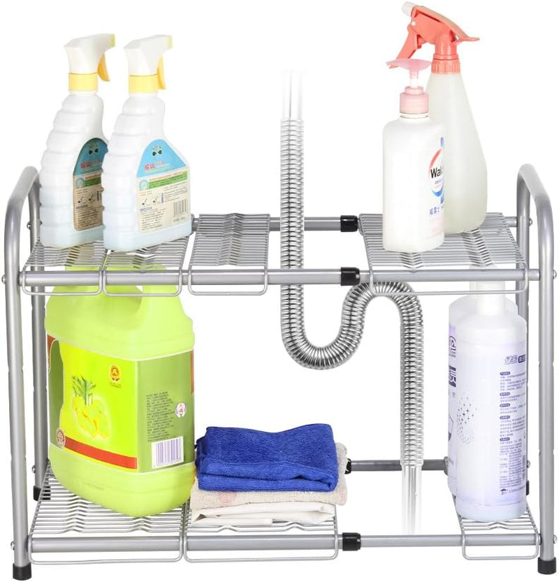 NEX 2 Tier Expandable Kitchen Storage Organizer Under Sink Cabinet Organizer Bathroom Sink Counter Shelf Rack, Metal