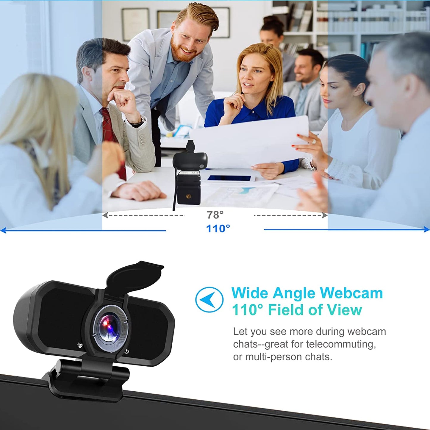 HD USB Webcam with Microphone & Privacy Cover - 1080P Resolution - 110 Degree Wide Angle - Plug and Play - Desktop PC Laptop Computer Web Camera for MAC - Ideal for Zoom Video Conferences, Skype, and YouTube Streaming
