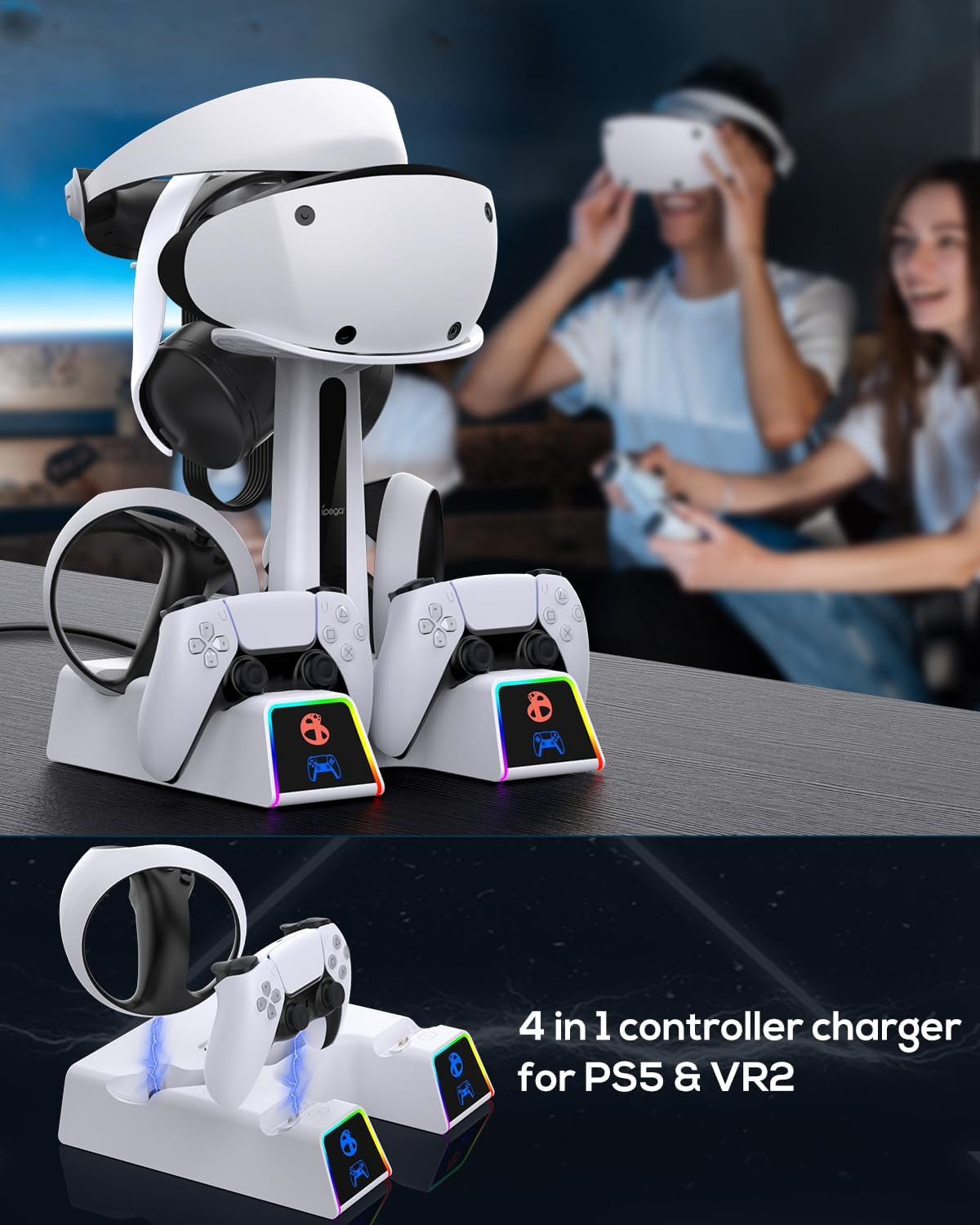 5 in 1 Dual Magnetic Charger Stand Dock with RGB Light Effects for PS5 & PS VR2 - Convenient Charging and Storage Solution for Playstation 5/VR2 Controllers and VR2 Headset