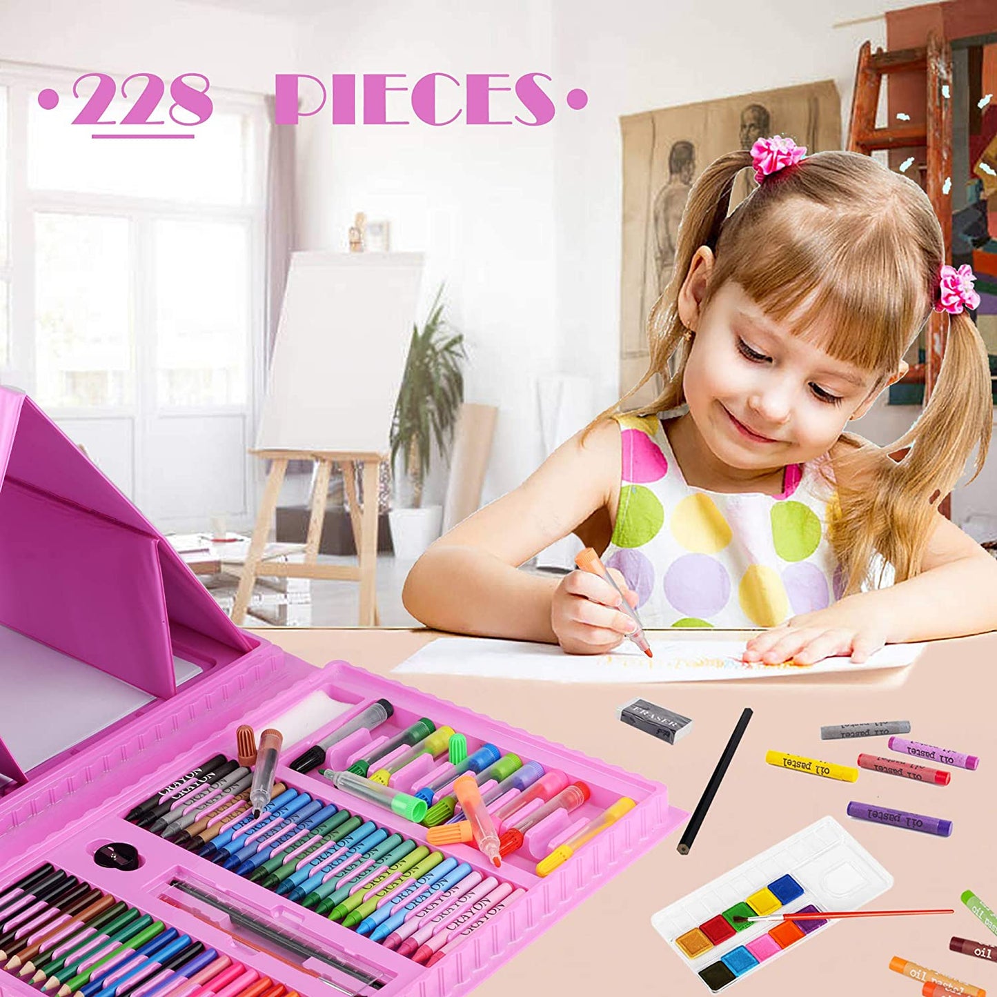 228 Pack Kid's Art Set - Crafts Drawing Coloring kit, Double-Side Trifold Art Easel, Oil Pastels, Crayons, Colored Pencils, Creative Gift for Beginners Artists