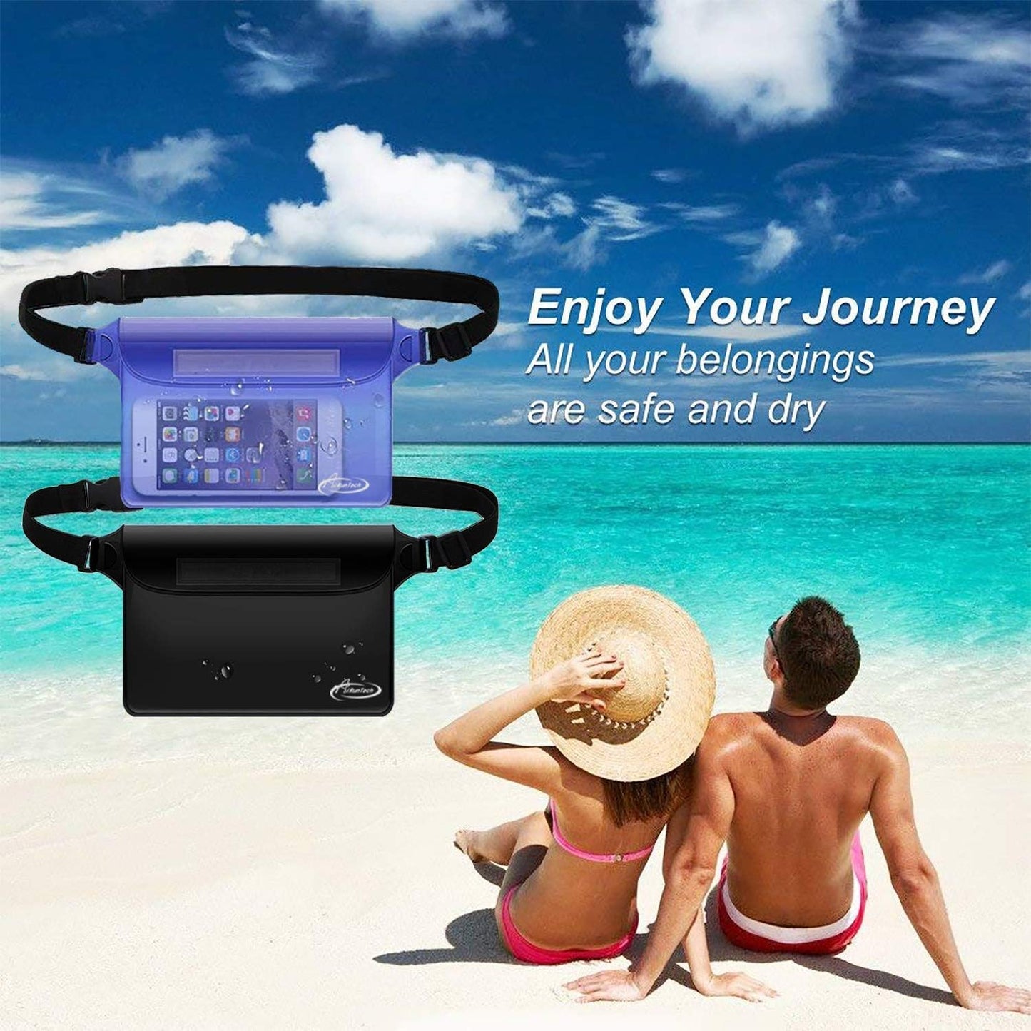 Waterproof Pouch with Waist Strap (2 Pack) - Premium Beach Accessory for Secure and Dry Storage of Your Phone and Valuables - Ideal for Boating, Swimming, Snorkeling, Kayaking, Beach, Pool, and Water Parks
