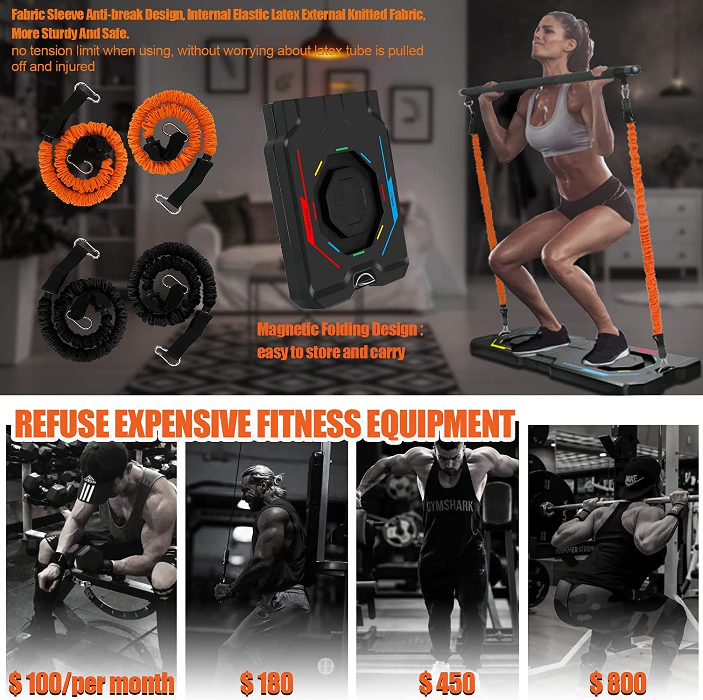 Multi-Functional Push Up Board with Resistance Bands and Pilates Bar - Full Body Home Gym Workout Equipment for Perfect Pushups and Strength Training - Ideal for Men and Women