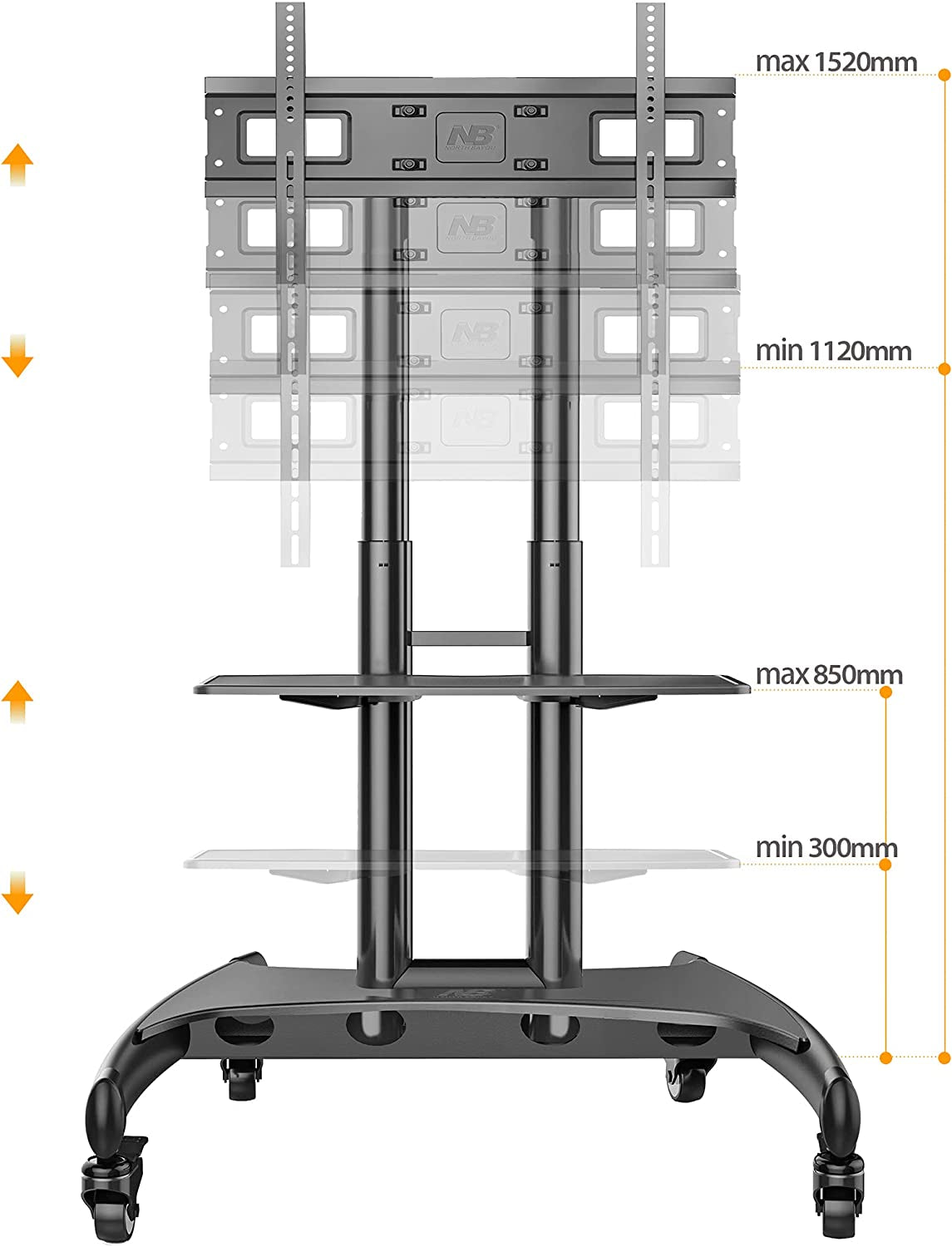 Mobile TV Cart TV Stand with Wheels - Suitable for 32 to 75 Inch LCD, LED, OLED, Plasma Flat Panel Screens, and Supports up to 100lbs - Black.