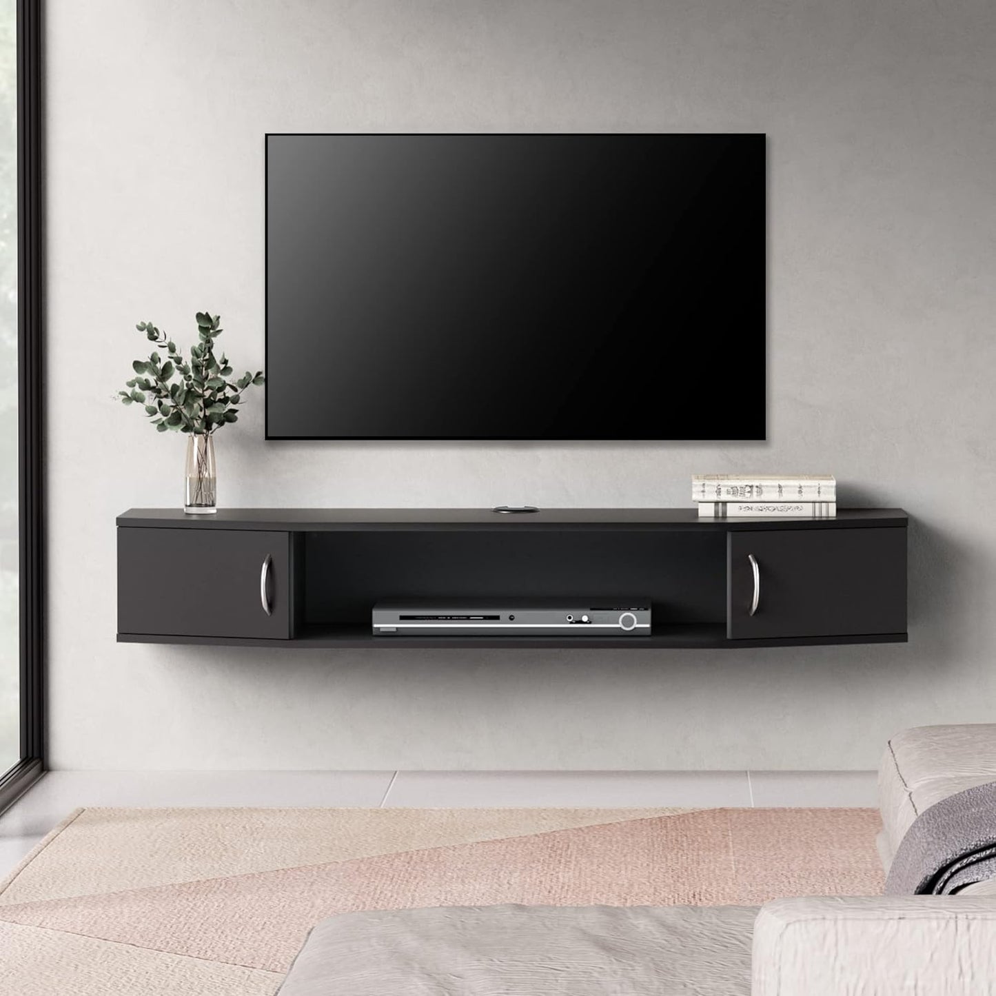 Wall Mounted Floating TV Stand for Flat Screen TVs up to 50", Black, 43.3 inch - Storage Entertainment Center with Doors and Shelves for Living Room