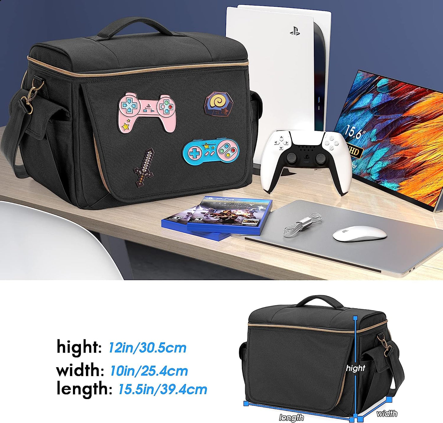 Protective Travel Carry Case Storage: Gaming Console Bag Compatible with PS5, PS4, Xbox One. Features Patented Design. Includes Compartments for Controllers, 15.6" Laptop, Monitor, Headsets, Gaming Discs, Charger, and More Gaming Accessories.