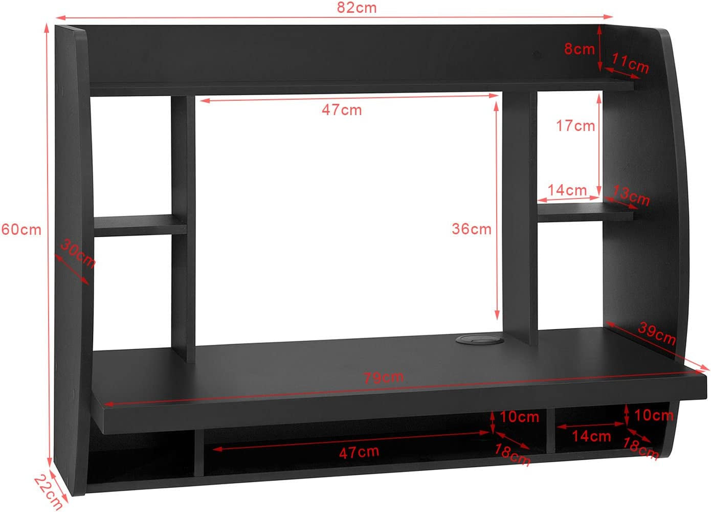 Home Office Workstation Wall-Mounted Table Desk with Storage Shelves and Drawers - Black