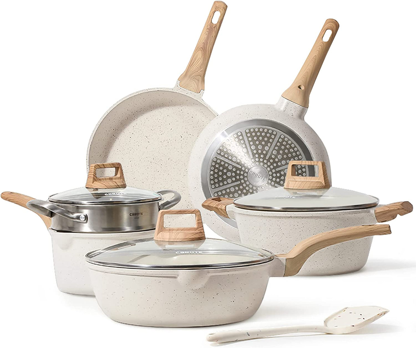 Nonstick Cookware Set with White Granite Finish, 10-Piece Induction Kitchen Cookware Set Including Frying Pans and Saucepans - PFOS and PFOA Free