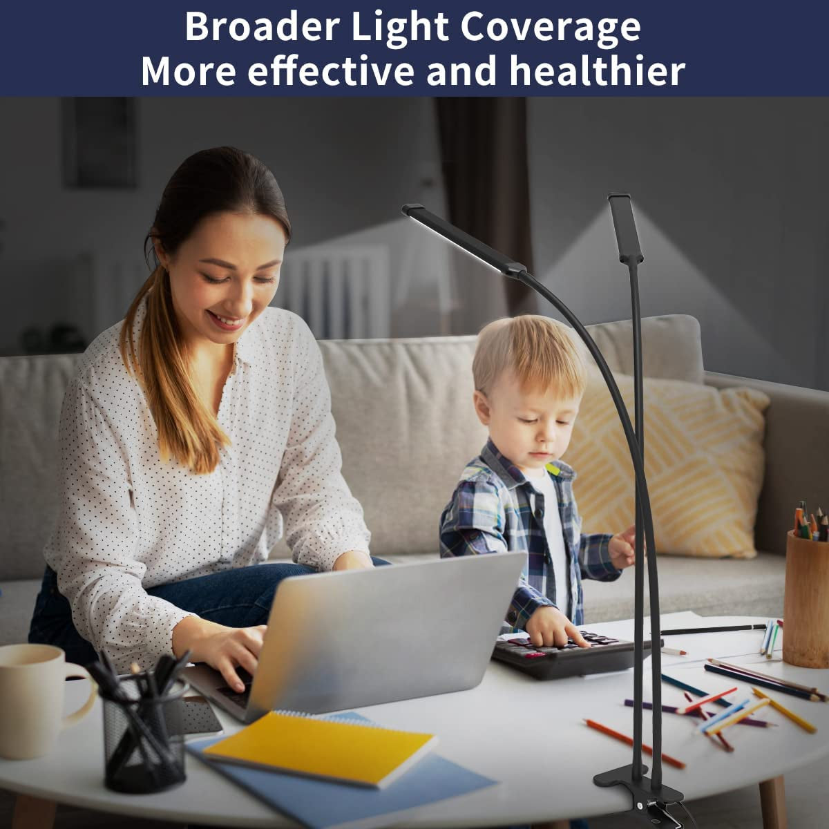 Clamp Desk Lamp with 2 LED Tubes for Home Office, Flexible Gooseneck Reading Light, Clip-on LED Book Light for Bedroom, Table, Headboard, College Dorm, and More - Black
