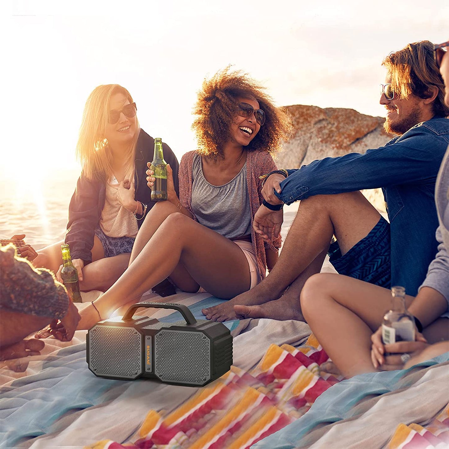 Bluetooth Speaker: IPX6 Waterproof and Portable with Bluetooth 5.2. Powerful 50W Output and 24H Playtime. Suitable for Family Gatherings and Outdoor Use. Available in Black.
