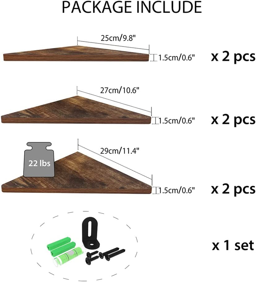 Pack of 6 Rustic Wood Corner Wall Shelves - Designed for Home, Kitchen, Bedroom, Living Room, Office, and Nursery - Adds Functional and Decorative Storage.
