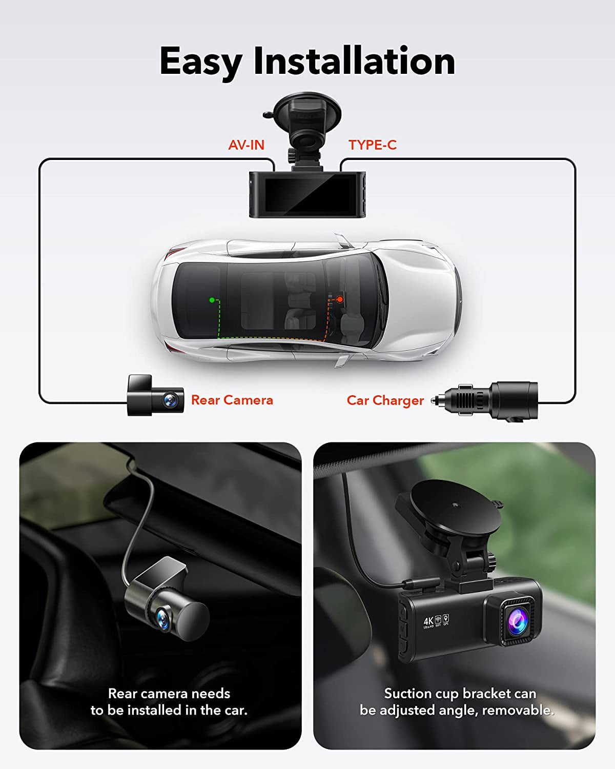 Full HD Car Dashboard Recorder with 4K/2.5K Front Rear Camera, 3.18” IPS Screen, Wi-Fi GPS Night Vision Loop Recording 170° Wide Angle WDR - Includes Free 32GB Card