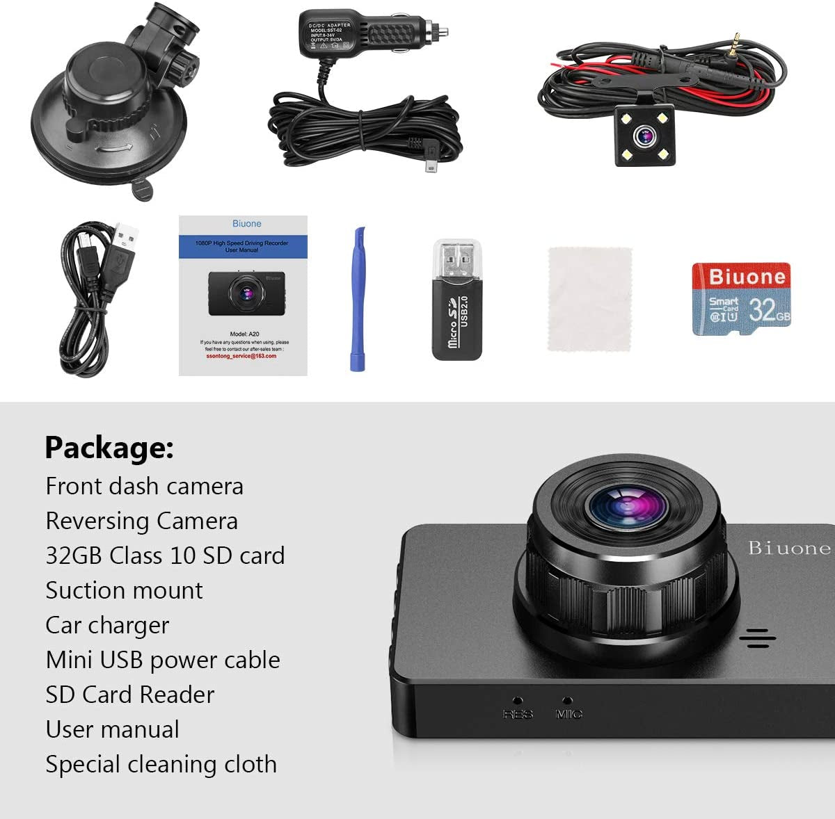 Dash Camera for Cars, Front and Rear Dual 1080P FHD DVR Car Dashboard Camera with Super Night Vision, 32G SD Card Included, G-Sensor, WDR, Parking Monitor, Loop Recording, Motion Detection