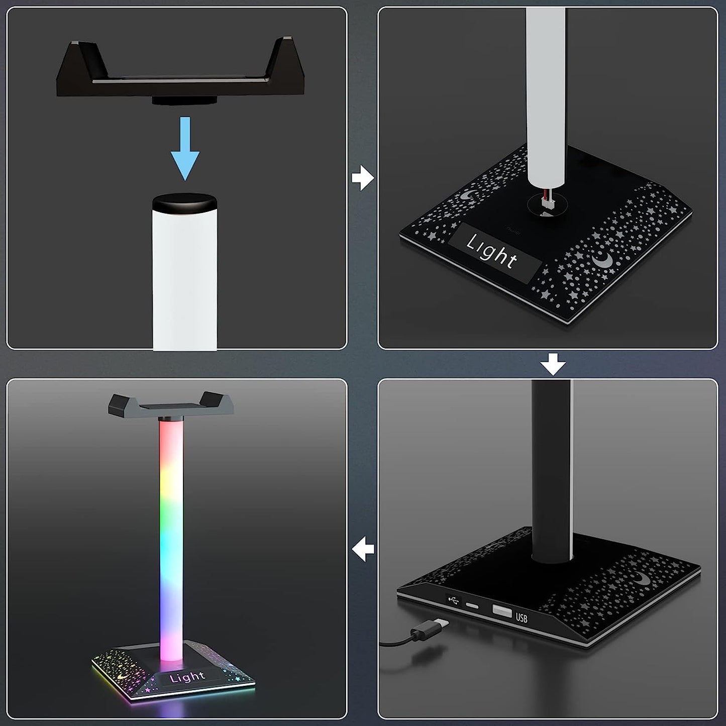 Gaming Headphone Stand with RGB Lighting: Desktop PC Gaming Accessories. Features 10 Light Modes and Non-Slip Rubber. The perfect gift for Husband, Kids, Boyfriend.