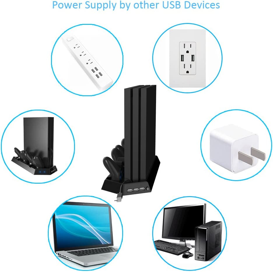 Vertical Stand with Cooling Fan and Controller Charging Station for Sony Playstation 4 Pro Game Console (Not compatible with Regular PS4/Slim)