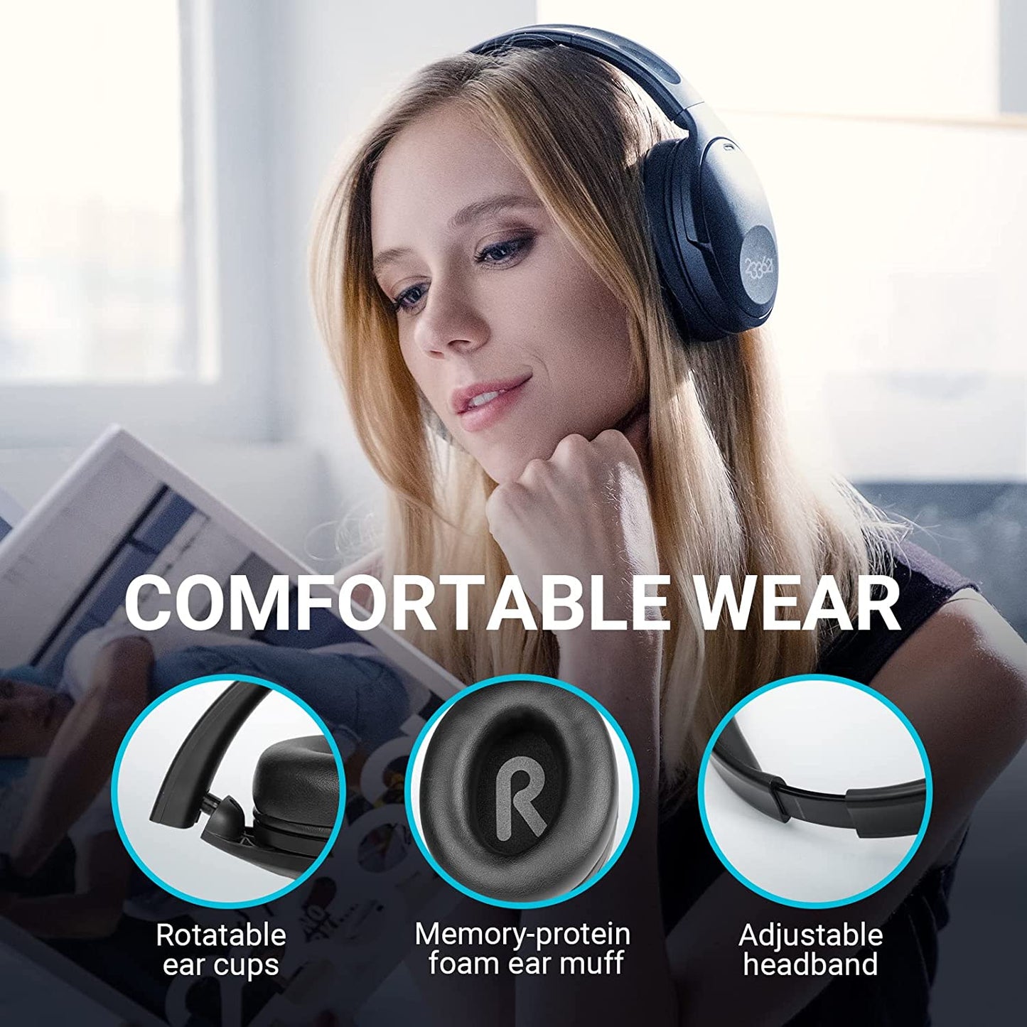 Hush-Onyx Active Noise Cancelling Headphones - Wireless Over-Ear Bluetooth Headphones with 100 Hours of Playtime, Custom App Support, Built-in Mic, Lightweight, Comfortable Fit for Everyday Use