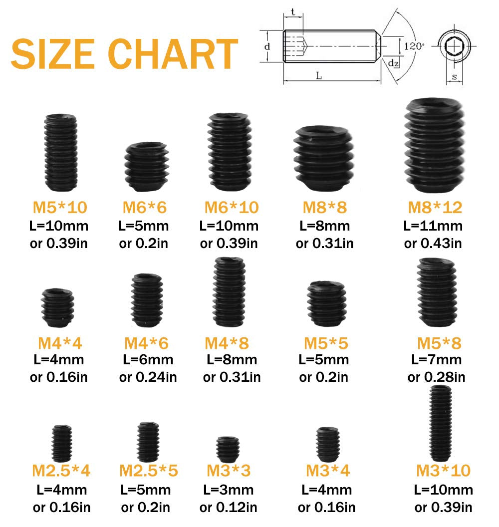 300 Hex Allen Head Socket Set Screw Bolts: M2.5/M3/M4/M5/M6/M8 Sizes with Internal Hex Drive in Black