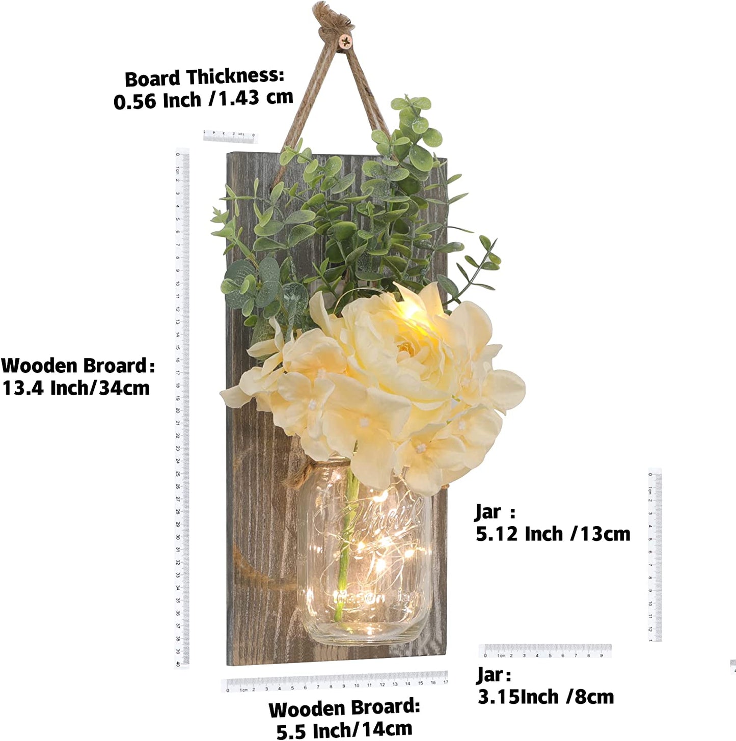 Mason Jar Sconces Home Wall Decor With Remote Control - Sconces Wall Lighting for Home Living Room Kitchen Bedroom Bathroom Decoration with 6-Hour Timer LED Lights Flowers,Set of 2 Grey