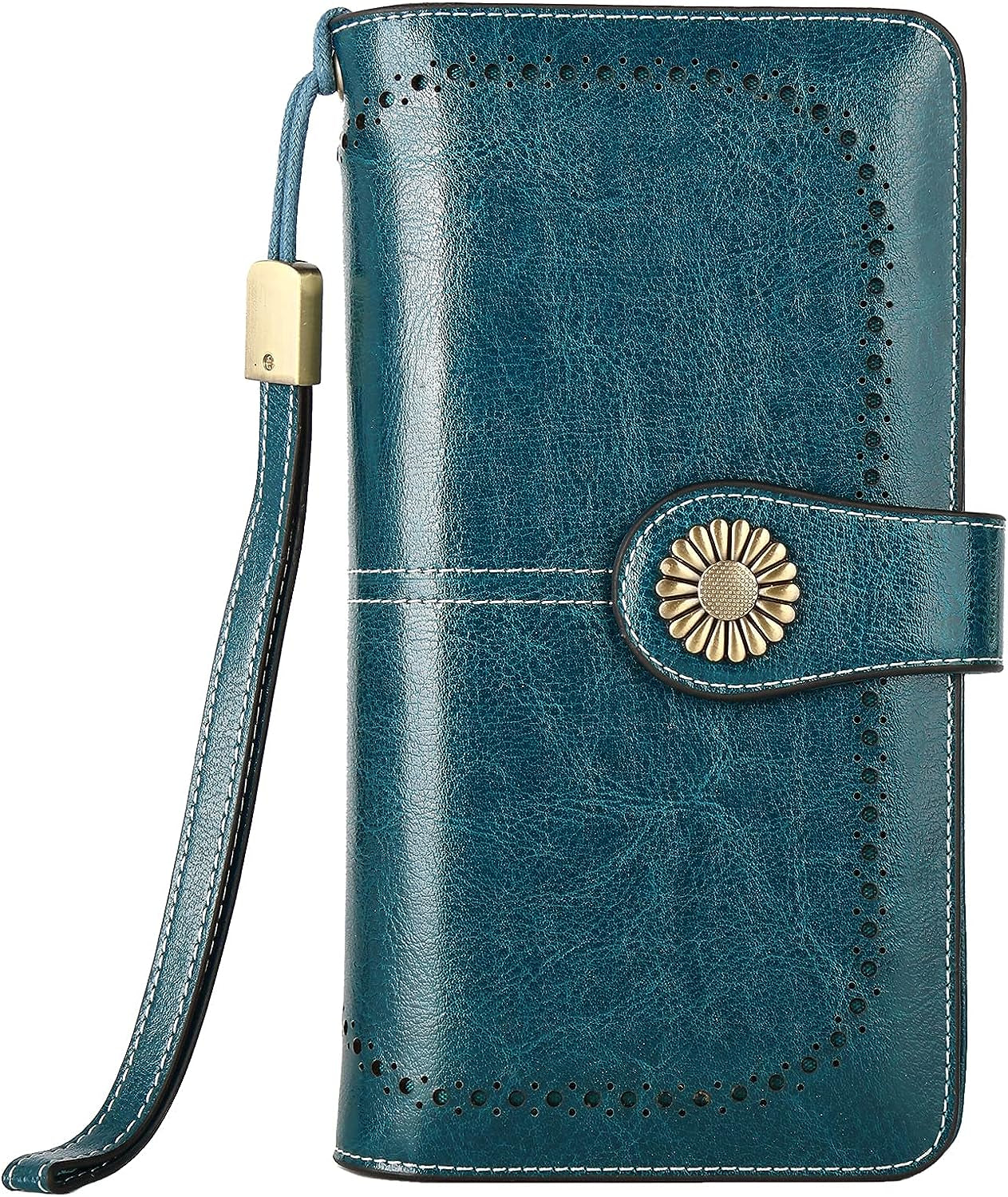 Genuine Leather Women's RFID Blocking Wallet Blue - Clutch Style with Card Holder Organizer and Purse Functionality, Available in Blue; Measures 7.6 x 1.37 x 4.1 inches, Features Zipper Closure, Snap Closure, and Trifold Closure for Added Security.