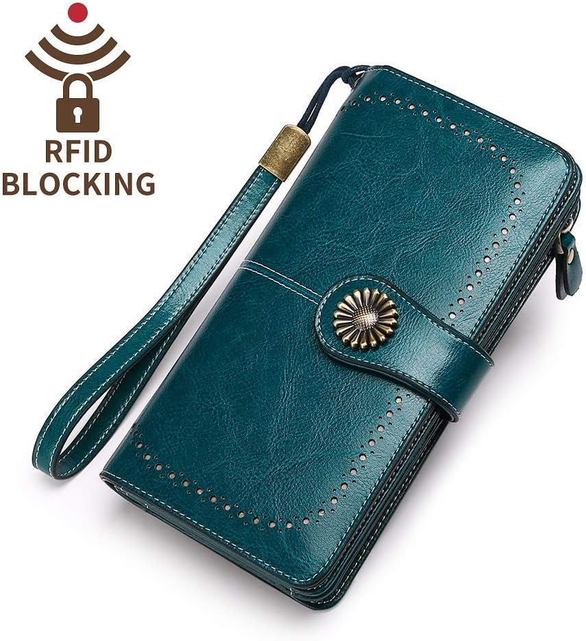 Genuine Leather Women's RFID Blocking Wallet Blue - Clutch Style with Card Holder Organizer and Purse Functionality, Available in Blue; Measures 7.6 x 1.37 x 4.1 inches, Features Zipper Closure, Snap Closure, and Trifold Closure for Added Security.